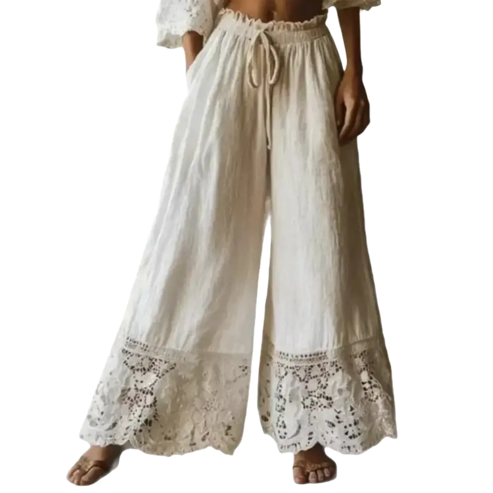 Cream-colored wide leg linen pants with elastic waist and delicate lace trim at the hem for a stylish look