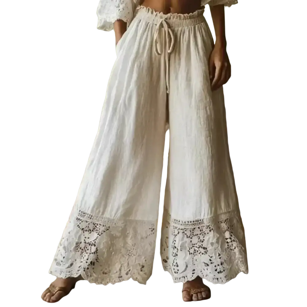 Cream-colored wide leg linen pants with elastic waist and delicate lace trim at the hem for a stylish look