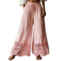 Soft pink wide leg linen pants with elastic waist and delicate lace trim at the hem for comfortable style