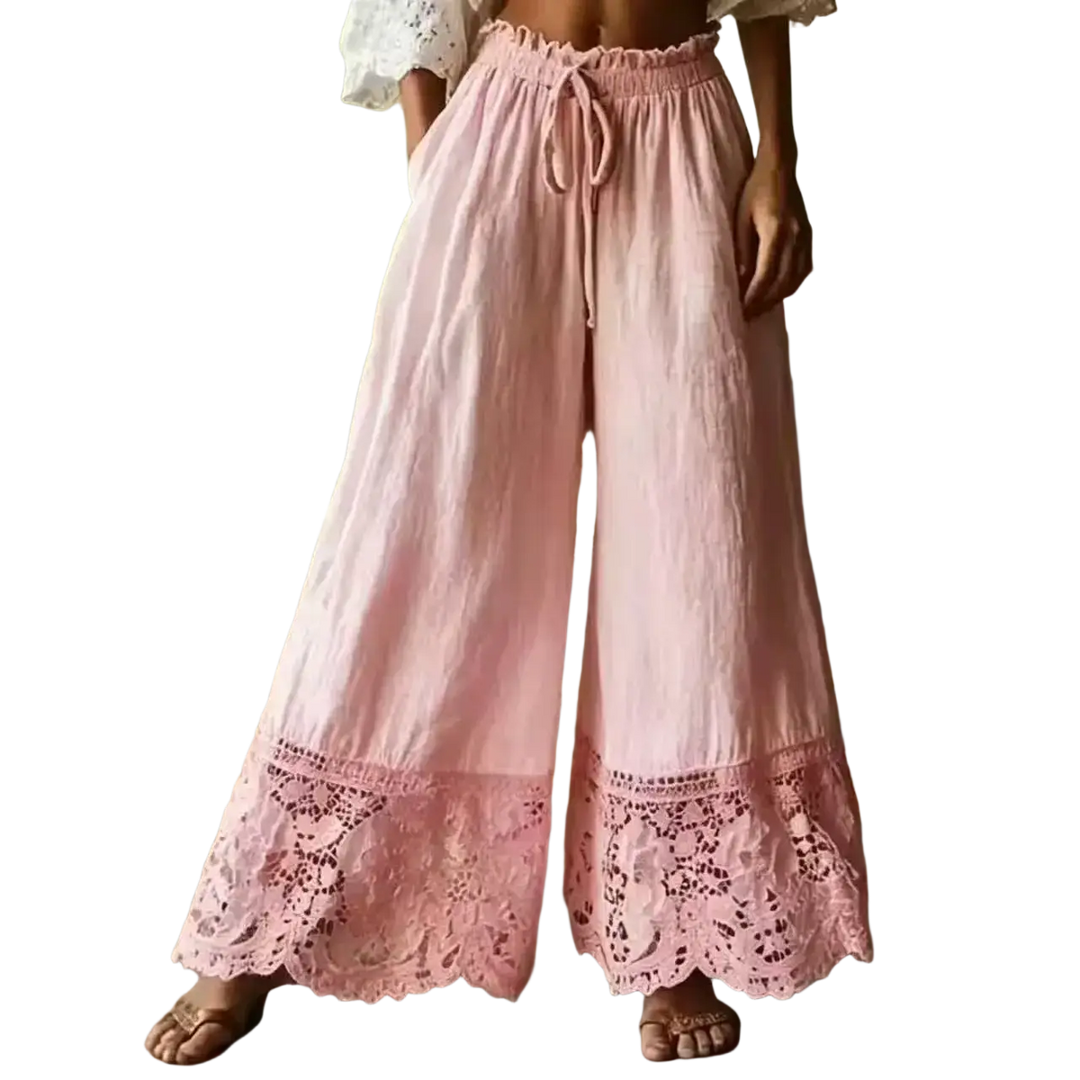 Soft pink wide leg linen pants with elastic waist and delicate lace trim at the hem for comfortable style