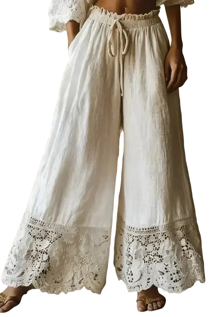 White linen wide leg pants with elastic waist and delicate lace trim at the hem for a stylish look