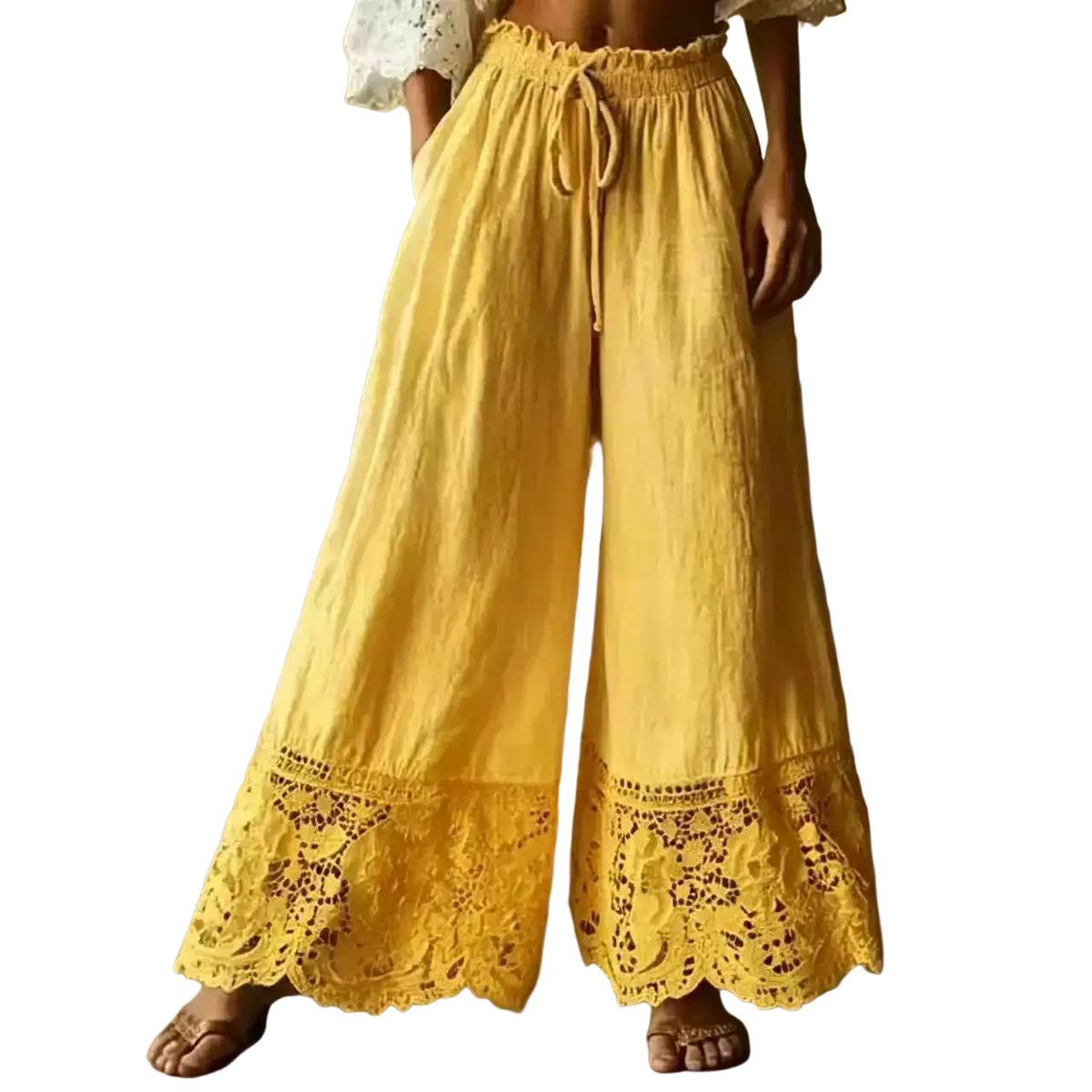 Yellow wide-leg linen pants with elastic waist drawstring and intricate lace trim at the hem