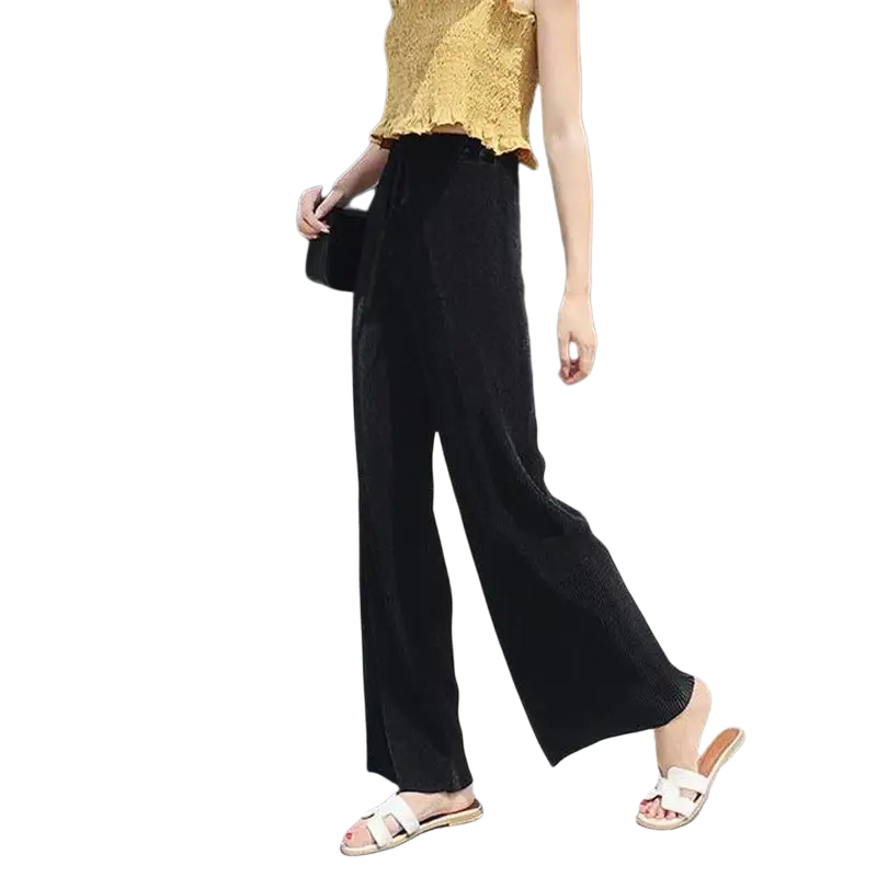 Black wide leg corduroy trousers for women featuring an elastic waist and pleated summer design