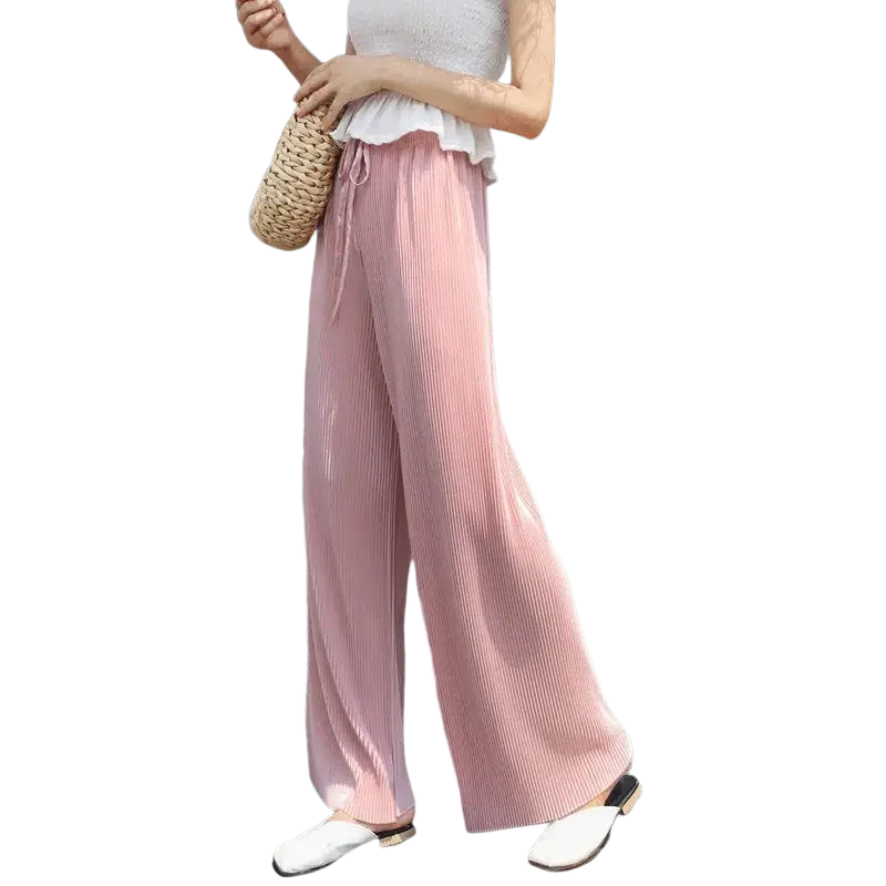 Pink pleated wide leg summer pants for women with elastic waist and drawstring waistband for comfort