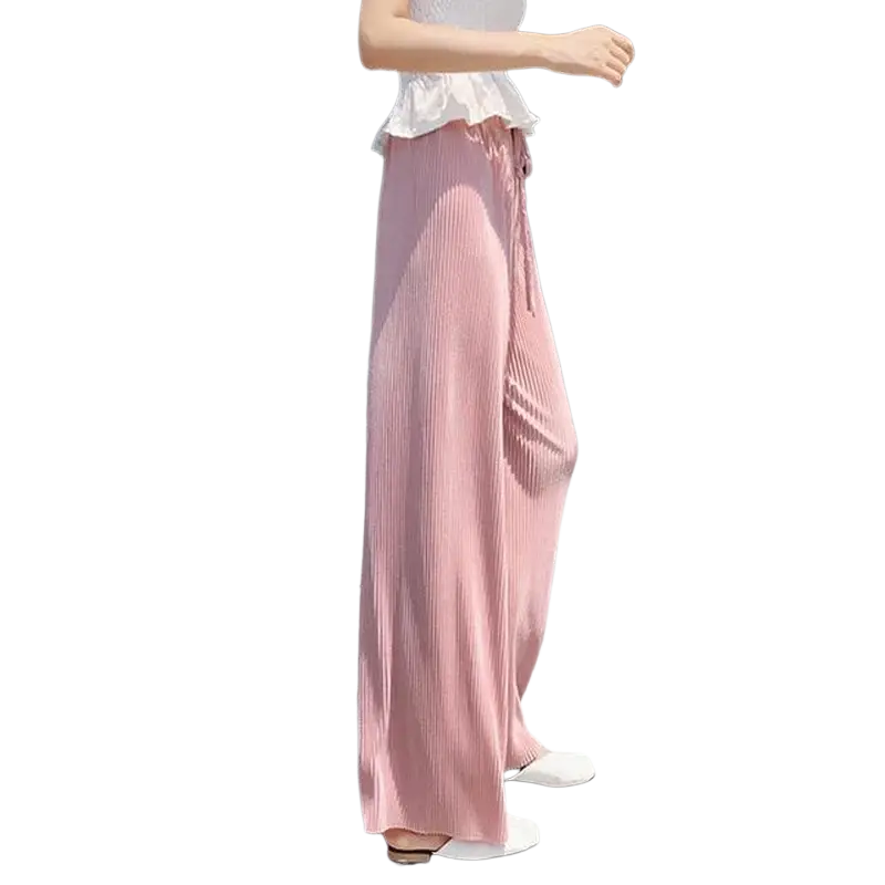Soft pink wide leg summer pants for women with elastic waist and pleated design and a drawstring closure