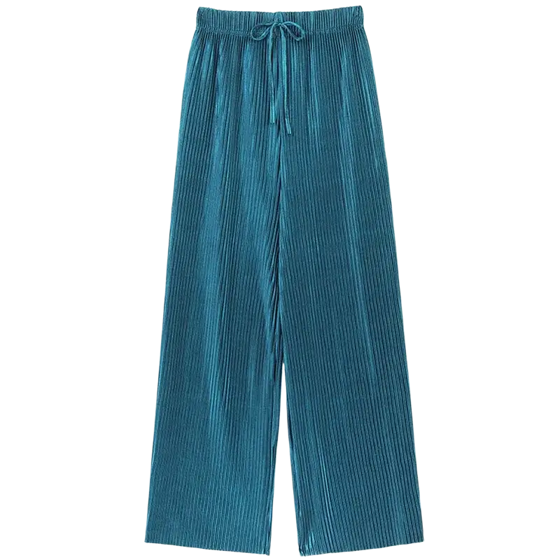 Teal wide leg pleated summer pants for women with elastic waist and drawstring waistband for comfort