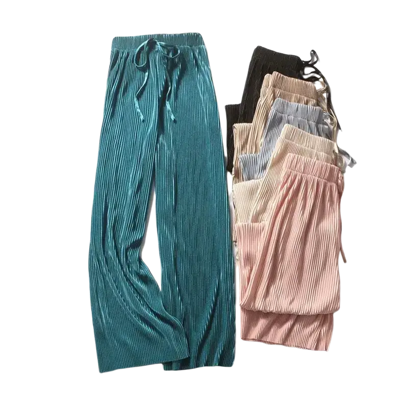 Teal wide leg velvet pants with elastic waist and drawstring for comfortable summer wear