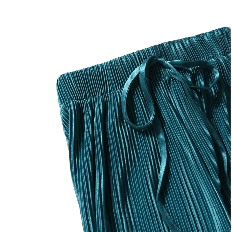 Teal wide leg pleated velvet summer pants for women with elastic waist and matching drawstring
