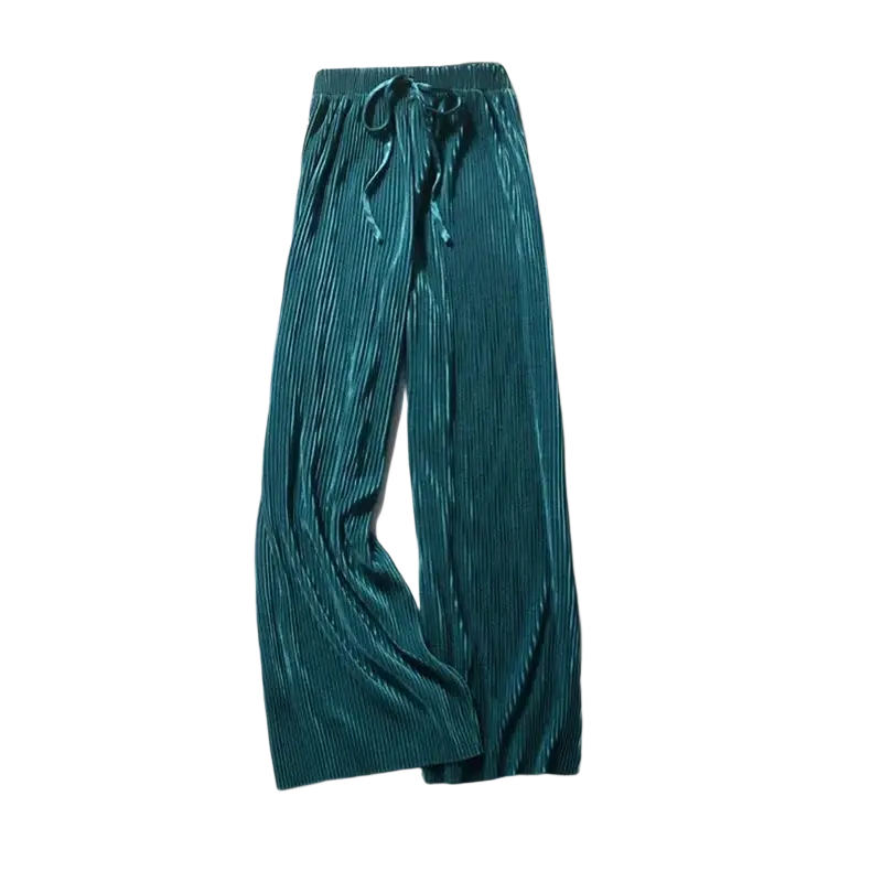 Teal pleated velvet wide leg summer pants for women with elastic waist and drawstring for comfort and style