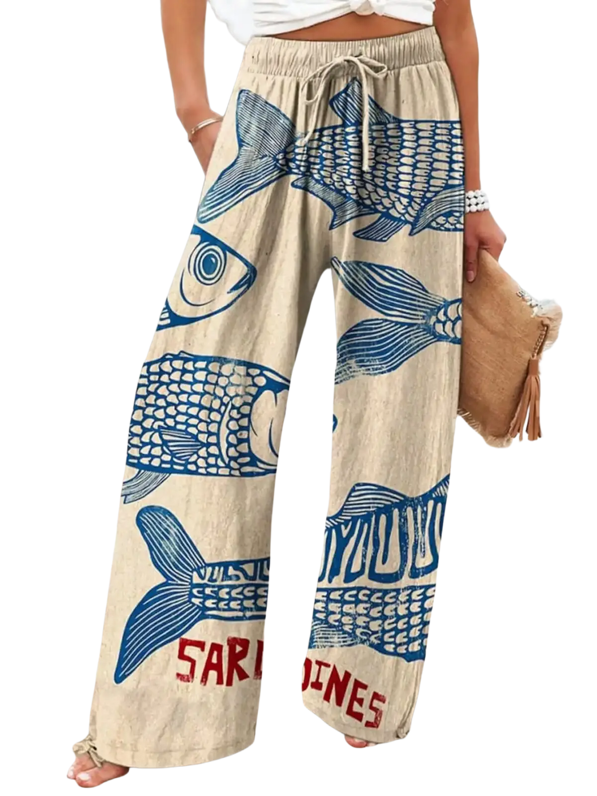 Beige wide leg pants with bold blue fish print and red sardines text at hem featuring elastic waist