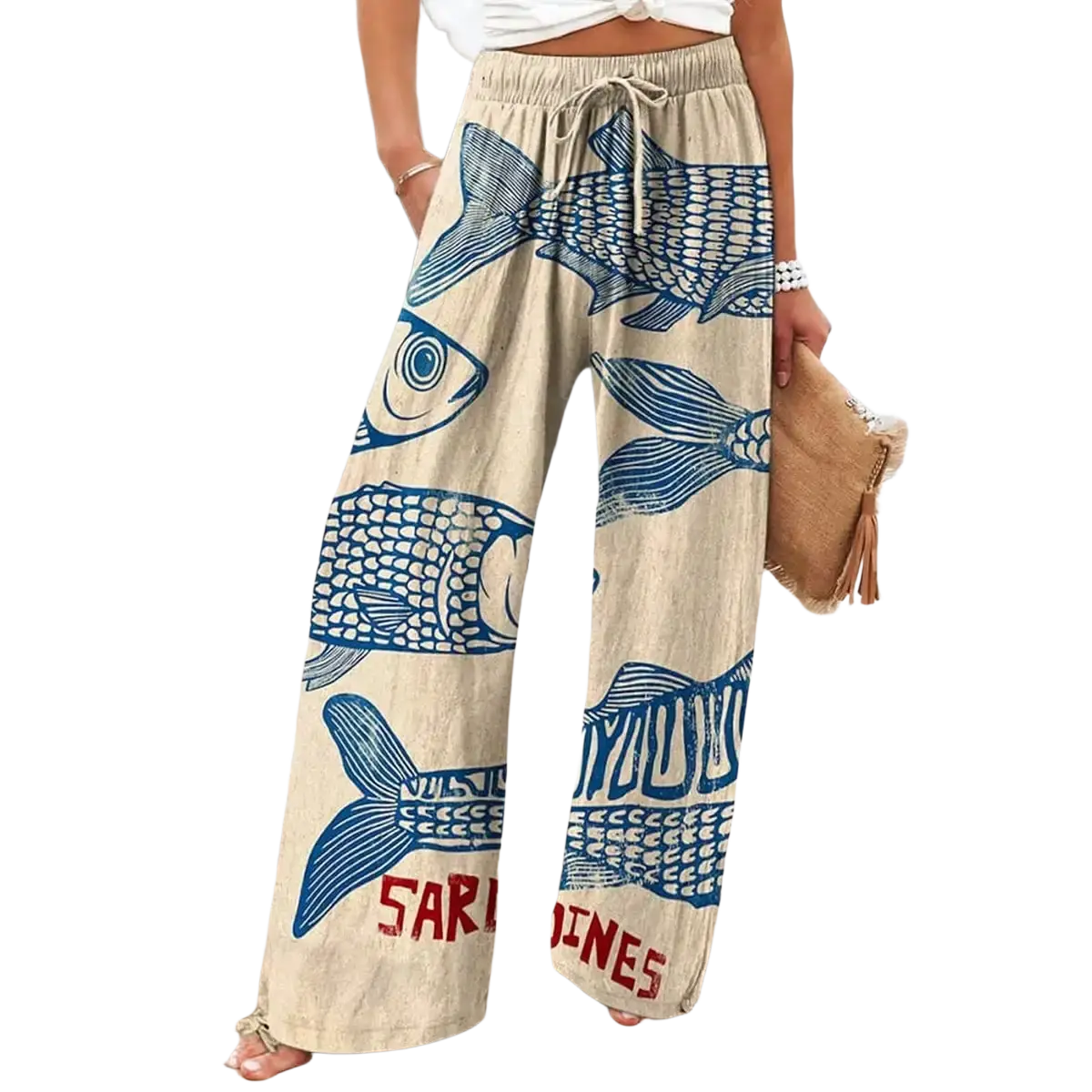 Beige wide leg pants with elastic waist featuring bold blue fish print and red sardines text at the hem
