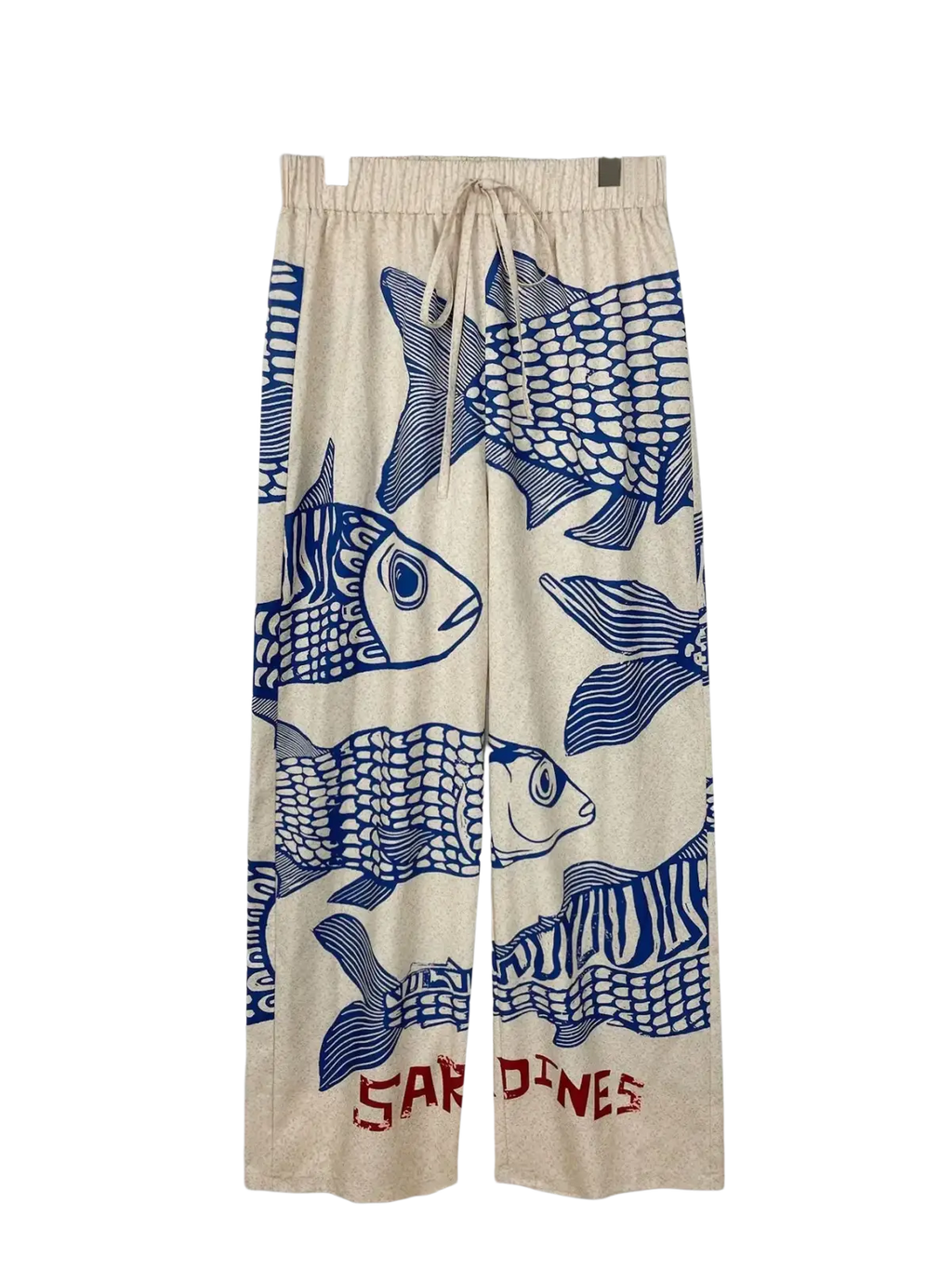 Beige wide leg fish print pants with elastic waist and red sardines lettering at the bottom
