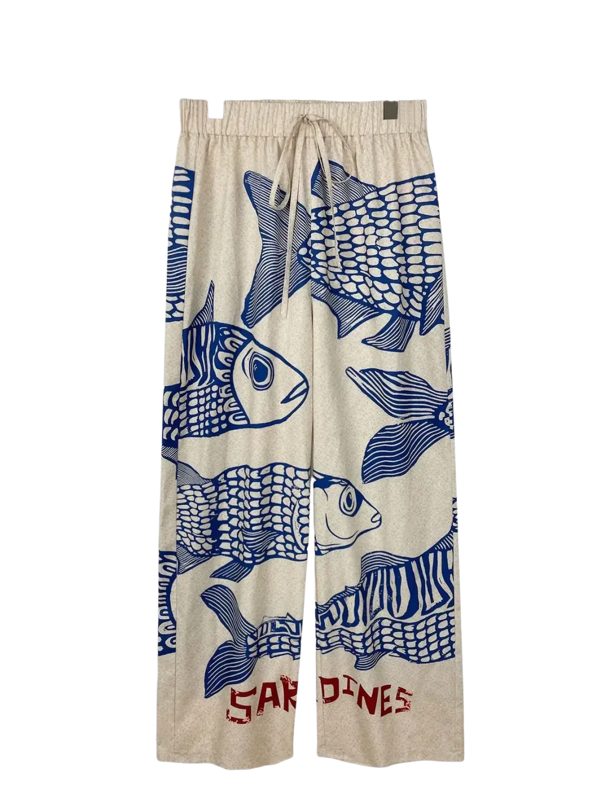 Beige wide leg fish print pants with elastic waist and red sardines lettering at the bottom