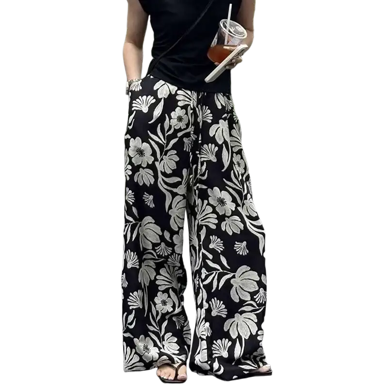 Wide leg black and white floral print pants for women featuring a comfortable wide leg design perfect for casual wear