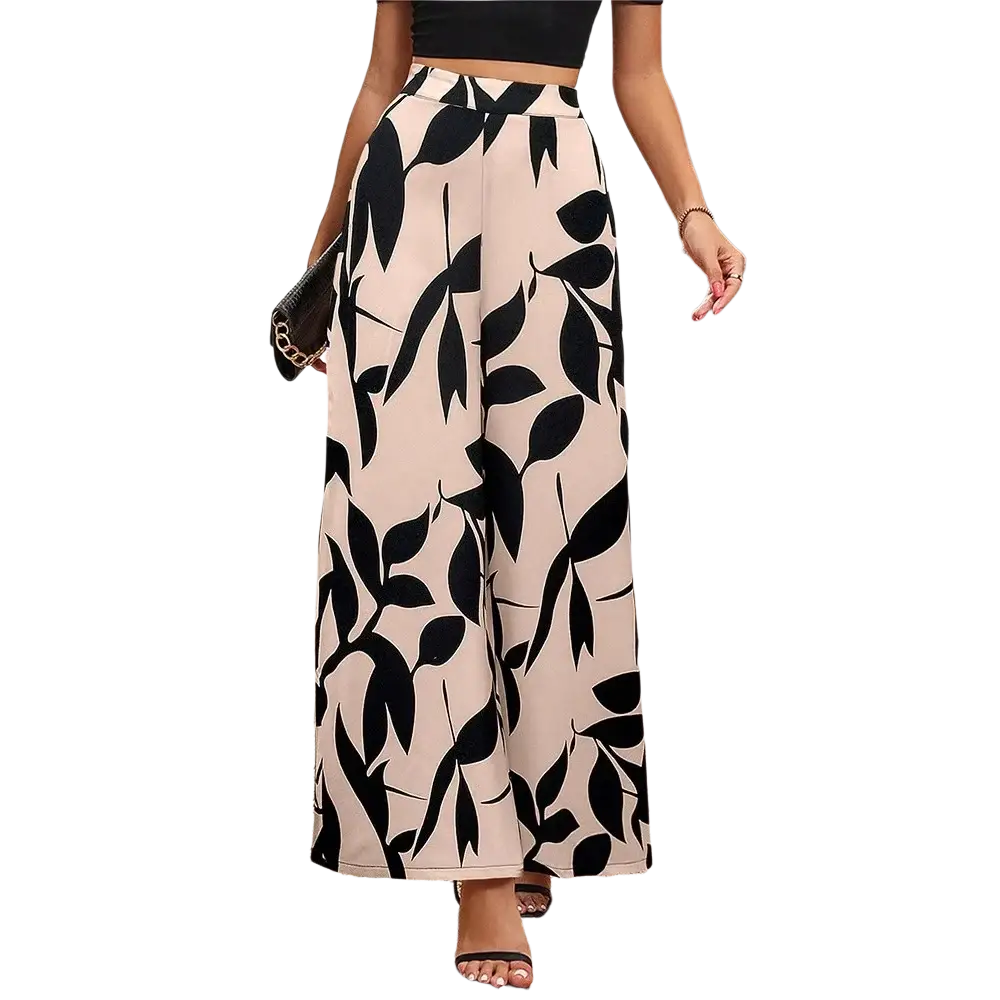 Beige and black leaf-patterned wide leg palazzo trousers perfect for summer wear with a floral design
