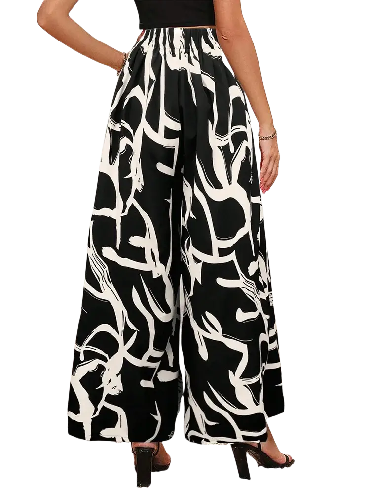 Black and white abstract patterned wide leg floral summer palazzo trousers suitable for casual wear
