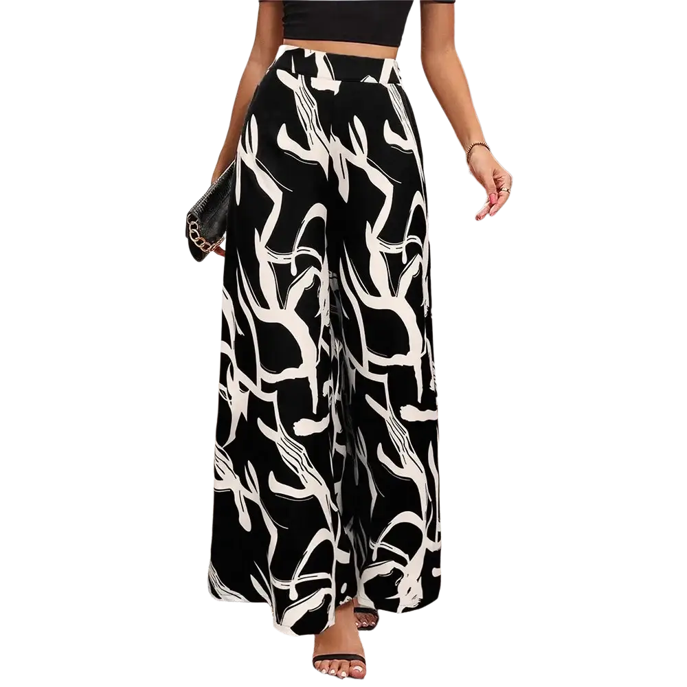 Black and white abstract patterned wide leg floral summer palazzo trousers for stylish warm weather wear