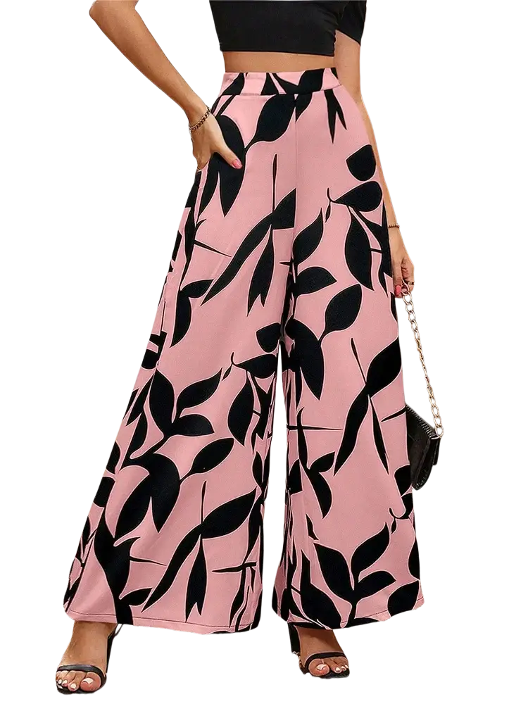 Pink wide leg palazzo trousers with bold black leaf pattern perfect for summer wear