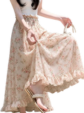 A flowing pale pink wide leg floral summer pant with delicate ruffled hem and waistband for women
