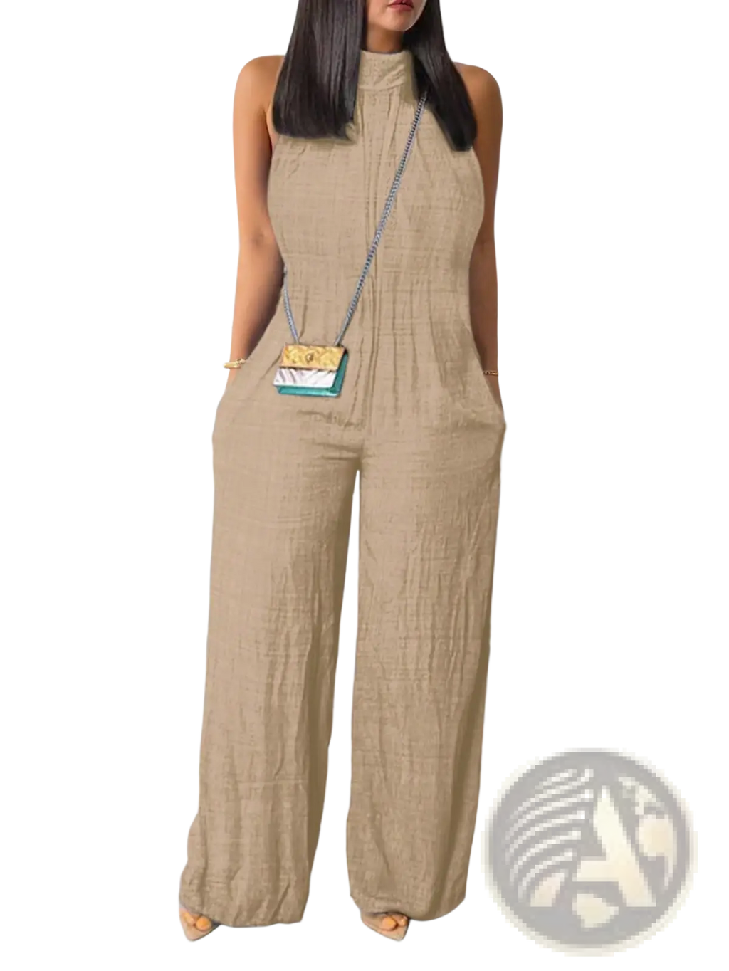 Beige textured fabric jumpsuit with high neckline and wide-leg design in a wide leg halter denim jumpsuit style