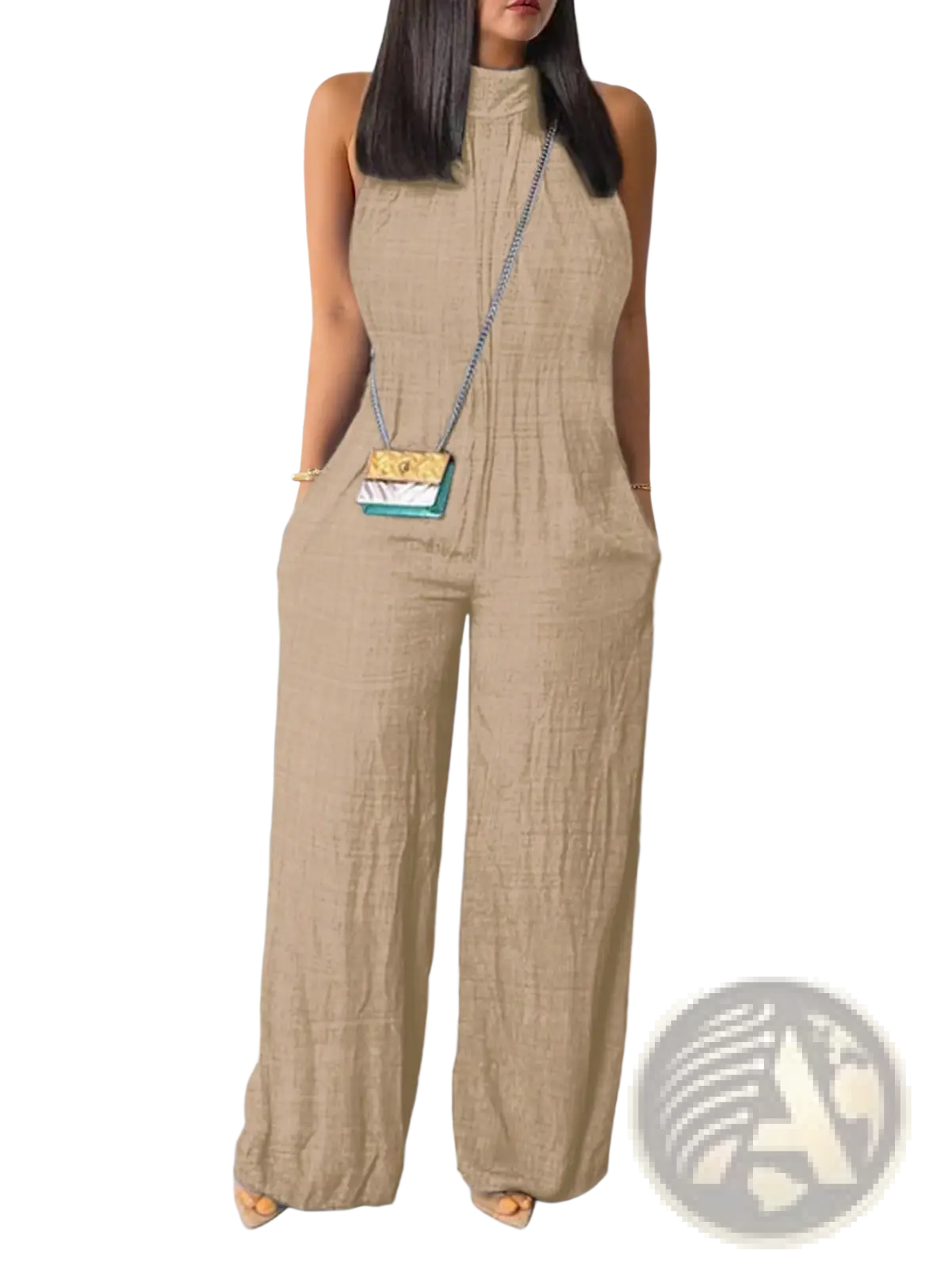 Beige textured fabric jumpsuit with high neckline and wide-leg design in a wide leg halter denim jumpsuit style