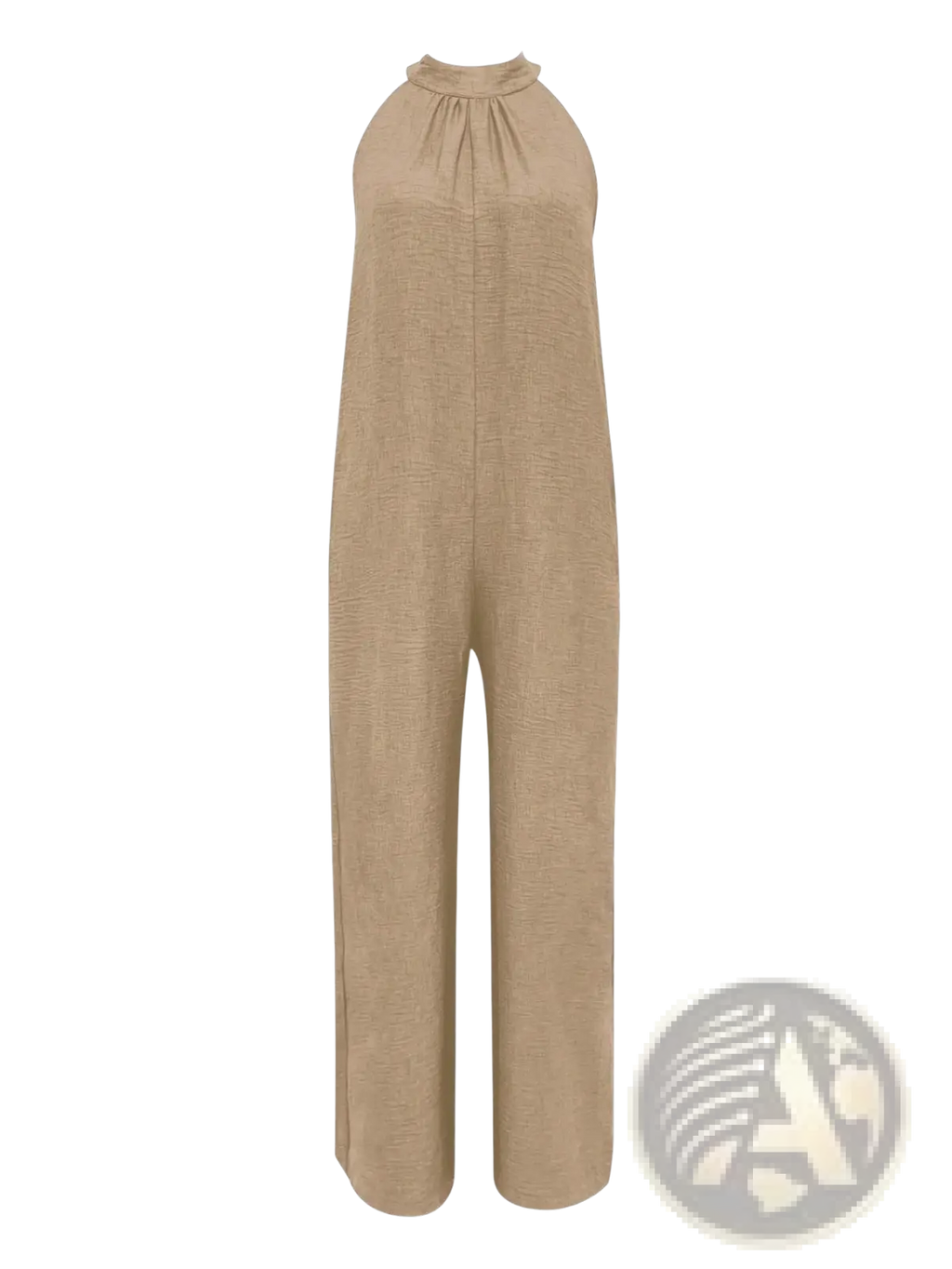 Beige linen halter jumpsuit with gathered neckline and wide-leg cut in a wide leg halter denim jumpsuit style