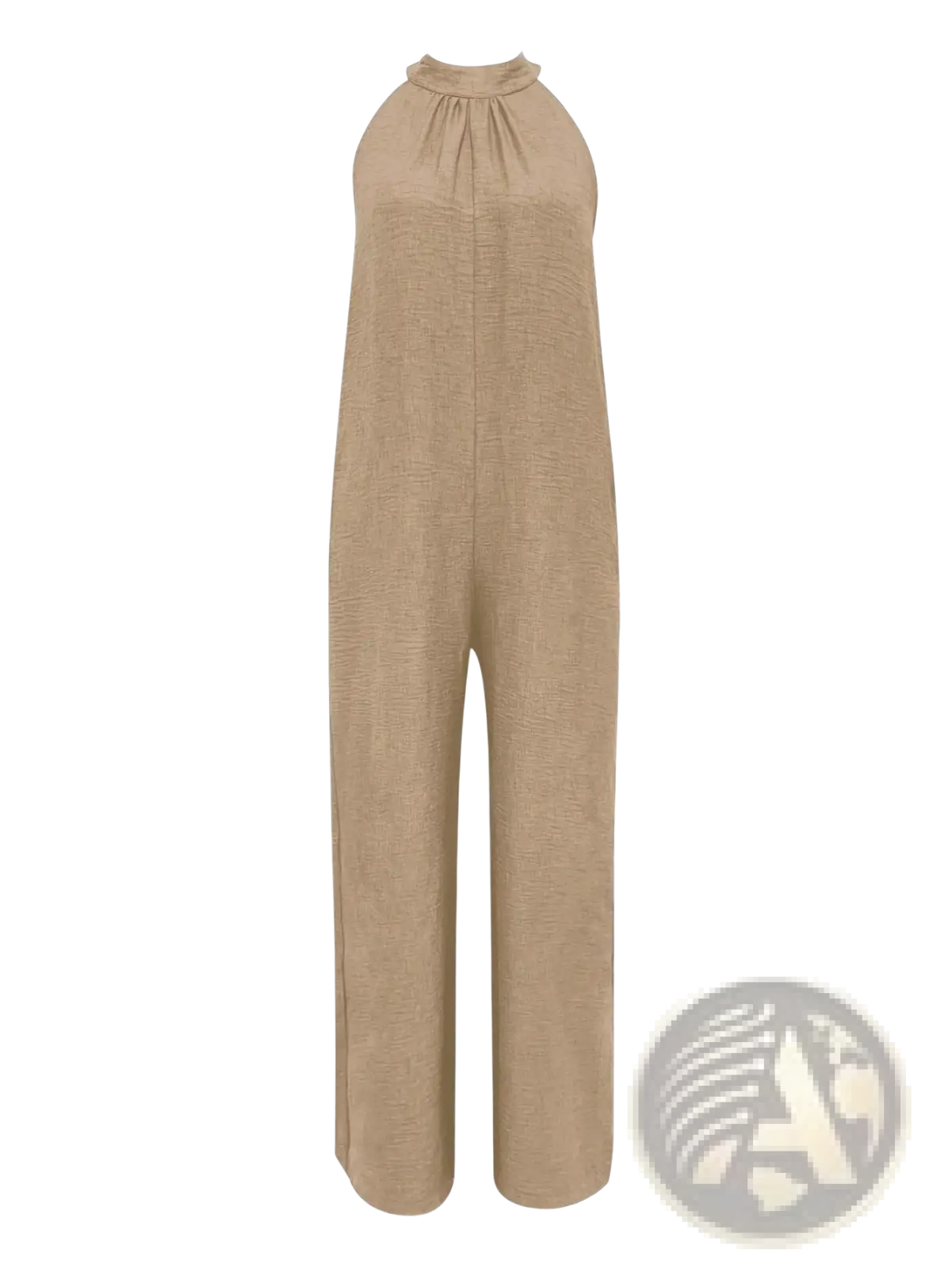 Beige linen halter jumpsuit with gathered neckline and wide-leg cut in a wide leg halter denim jumpsuit style
