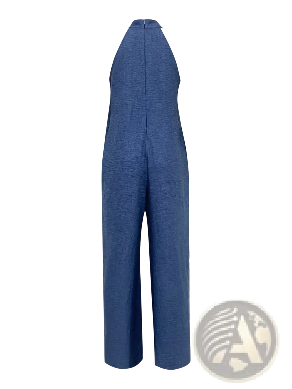 Blue denim wide leg jumpsuit with halter neckline and relaxed fit for casual wear