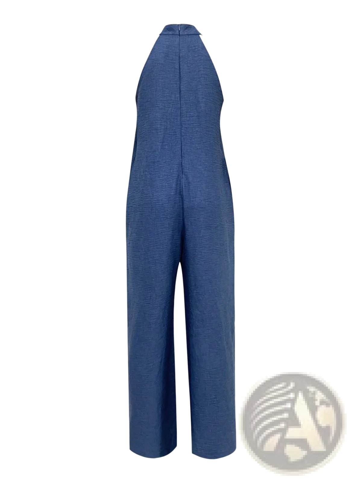 Blue denim wide leg jumpsuit with halter neckline and relaxed fit for casual wear