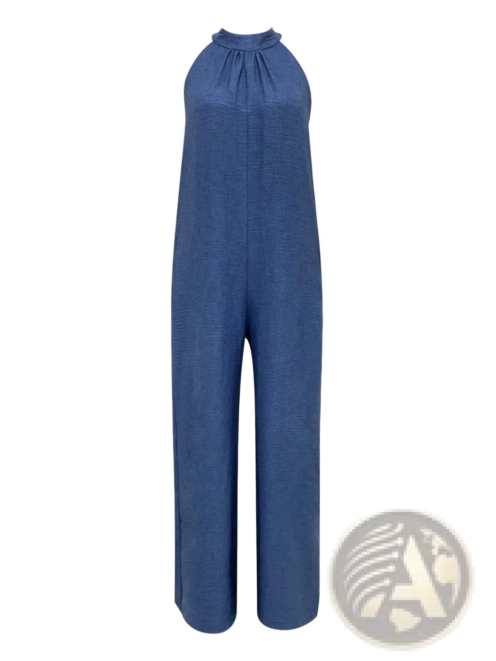 Wide leg halter denim jumpsuit in navy blue textured linen with high neckline and wide leg cut