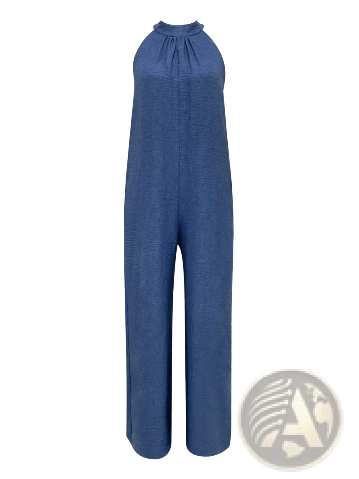 Wide leg halter denim jumpsuit in navy blue textured linen with high neckline and wide leg cut