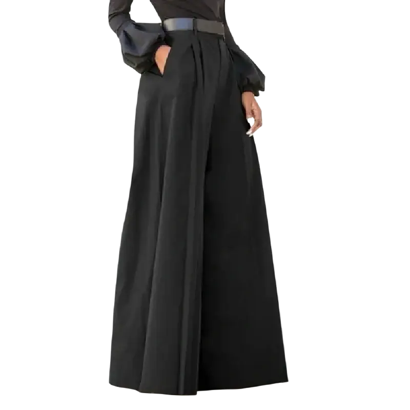 Black wide leg high waist tailored trousers with sleek design and subtle pleats at the waist for a polished look