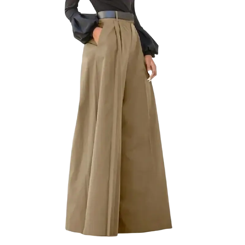 Tan wide leg high waist tailored trousers with pleated front for a polished professional look