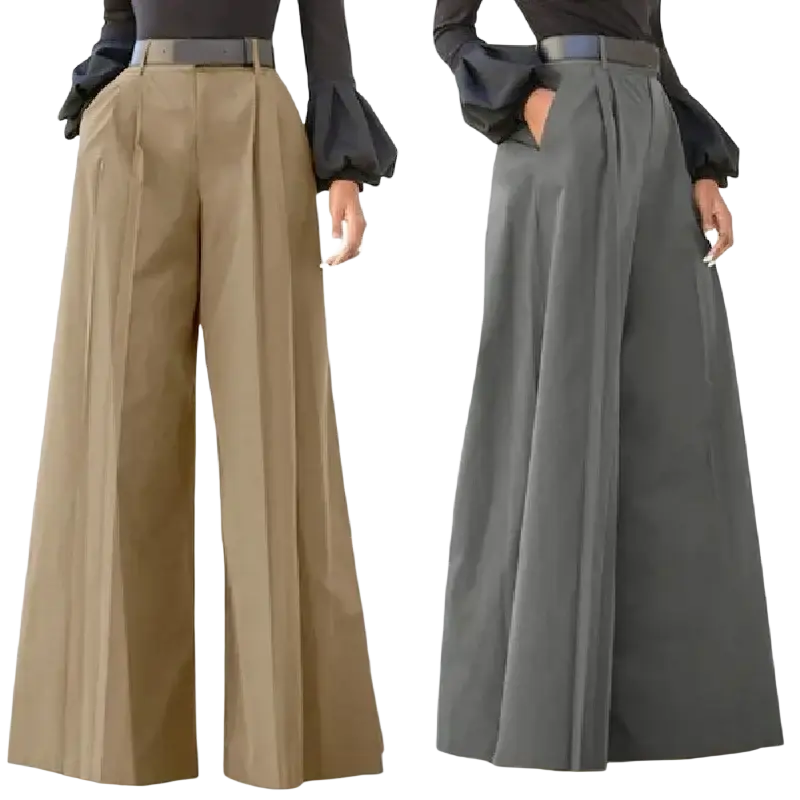 Wide leg high waist tailored tweed trousers with pleated front paired with black blouse and belt