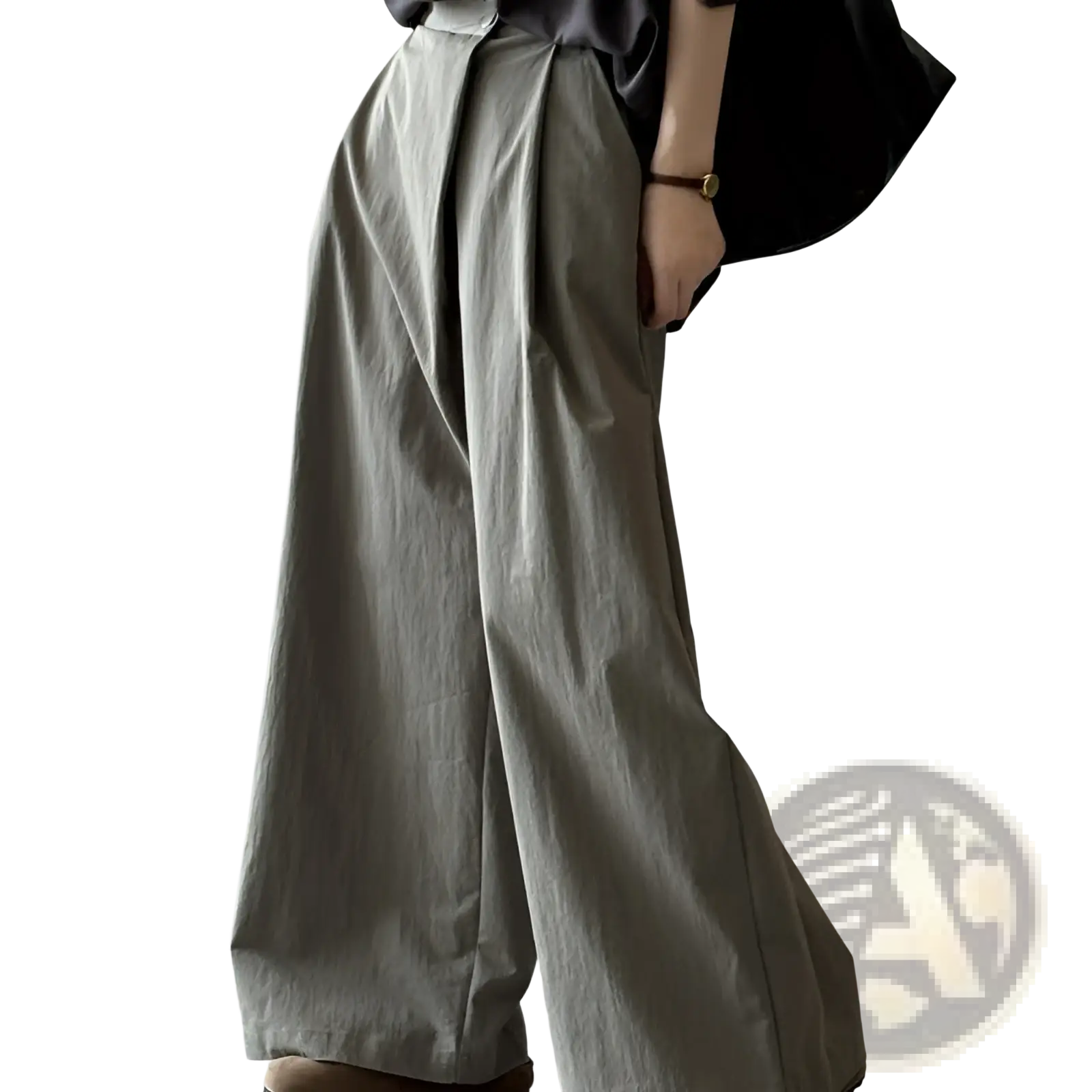 Gray wide-leg high waisted casual trousers with a relaxed flowing silhouette and subtle pleats at the waist