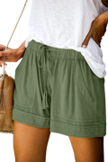 Olive green cotton wide leg high waisted shorts with elastic waistband drawstring two front pockets and rolled cuffs