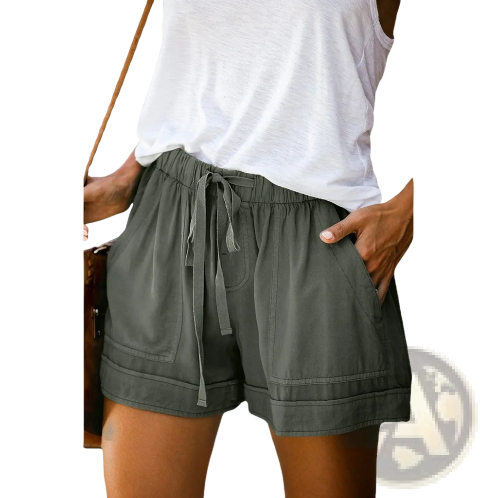 Olive green wide leg high waisted casual shorts with drawstring, side pockets, and rolled cuffs