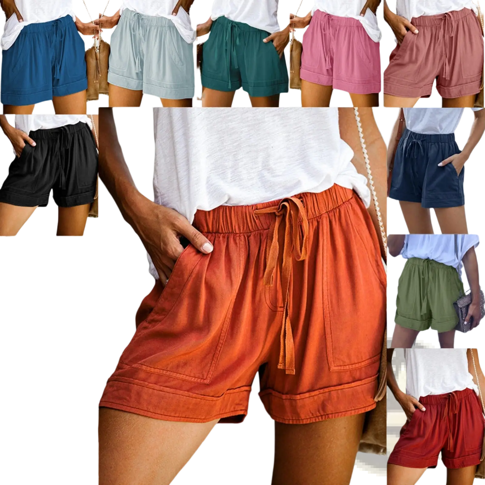 Wide leg high waisted orange drawstring shorts with relaxed fit rolled cuffs and pockets for casual wear