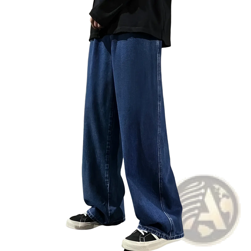 Wide-leg blue denim jeans for men with a loose fit and visible stitching details in korean streetwear style