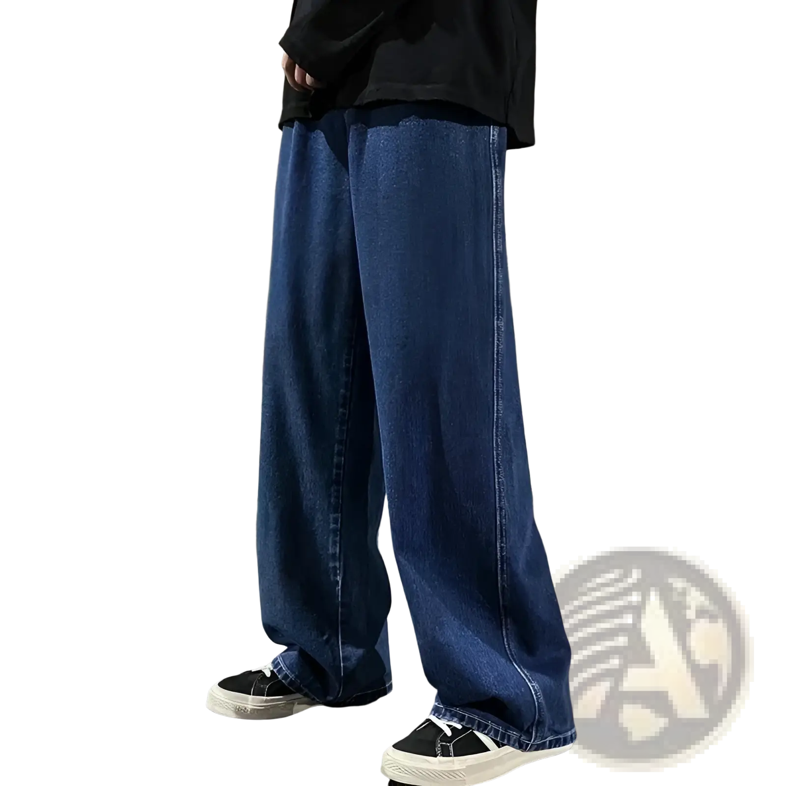 Wide-leg blue denim jeans for men with a loose fit and visible stitching details in korean streetwear style