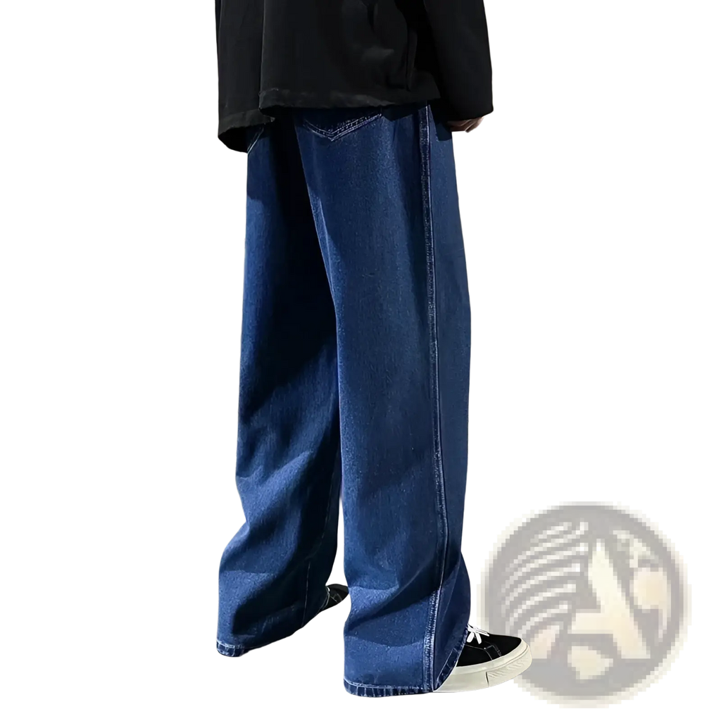 Dark blue wide leg denim jeans with straight cut and slightly flared hem for men korean streetwear style