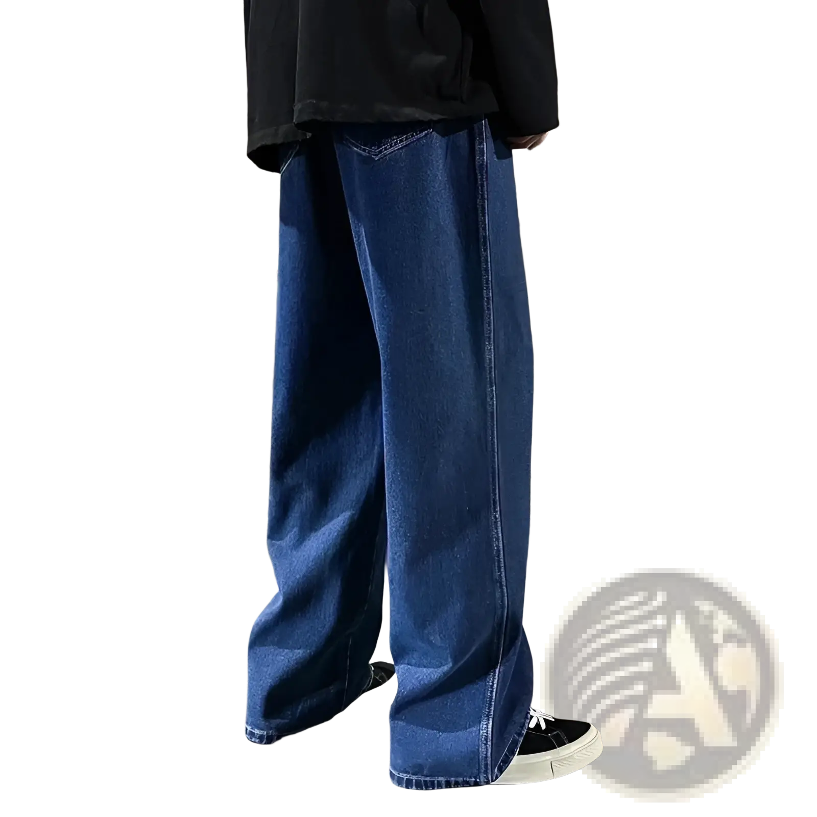 Dark blue wide leg denim jeans with straight cut and slightly flared hem for men korean streetwear style