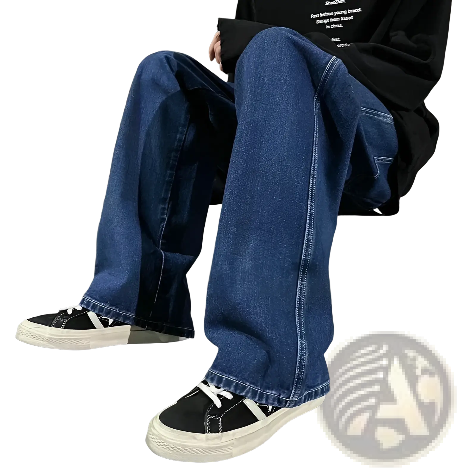 Dark blue wide leg denim jeans for men with visible stitching and a slightly faded wash in korean streetwear style