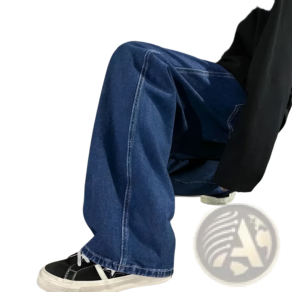 Dark blue denim wide leg jeans for men with relaxed straight-leg cut and visible stitching for Korean streetwear style