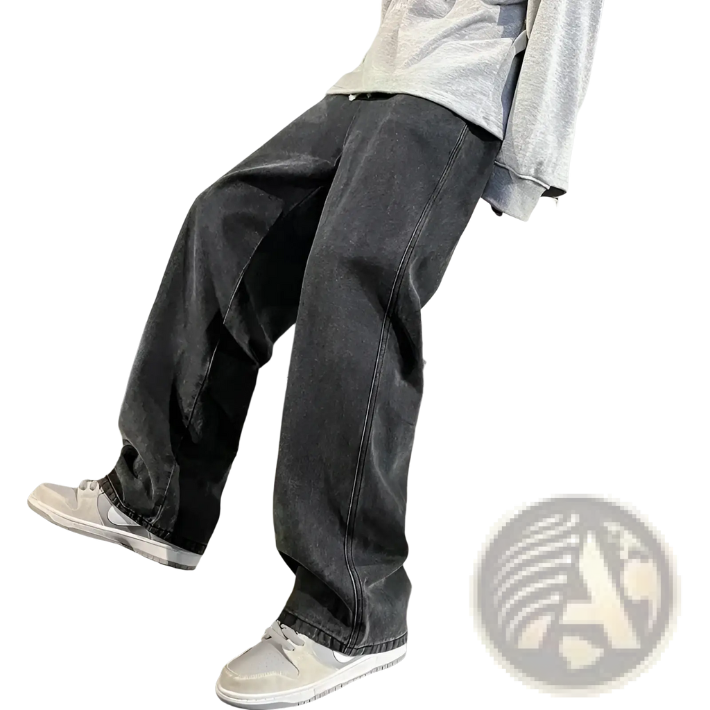 Dark gray wide leg denim jeans for men with a relaxed fit and visible stitching in Korean streetwear style