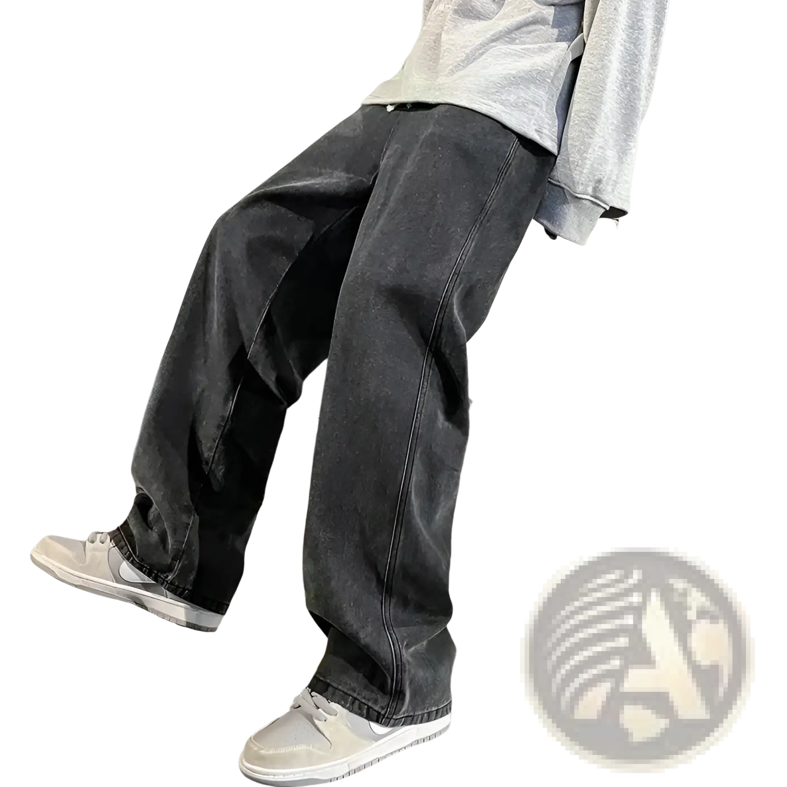 Dark gray wide leg denim jeans for men with a relaxed fit and visible stitching in Korean streetwear style