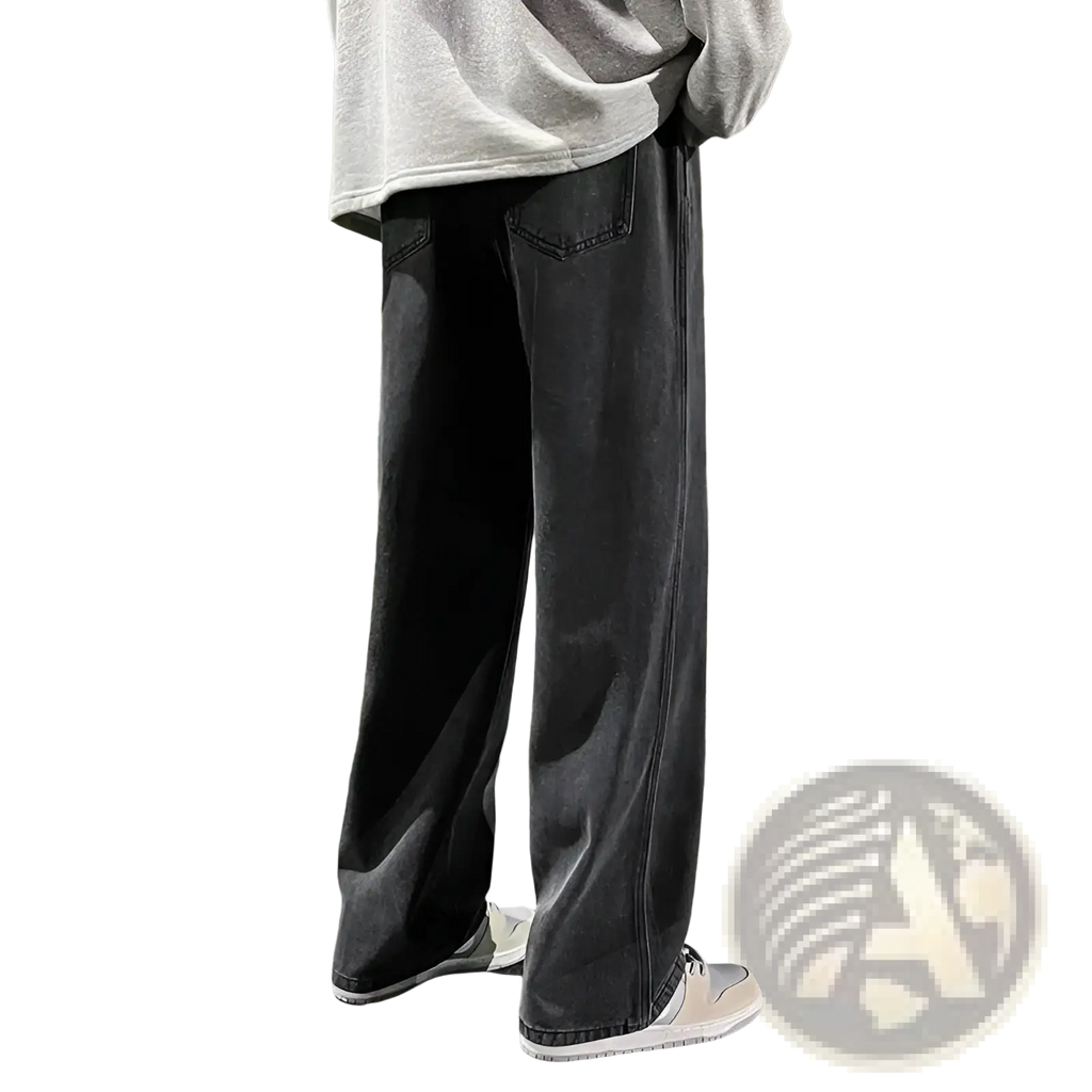 Dark gray wide leg denim jeans for men with a loose fit and subtle fading in Korean streetwear style