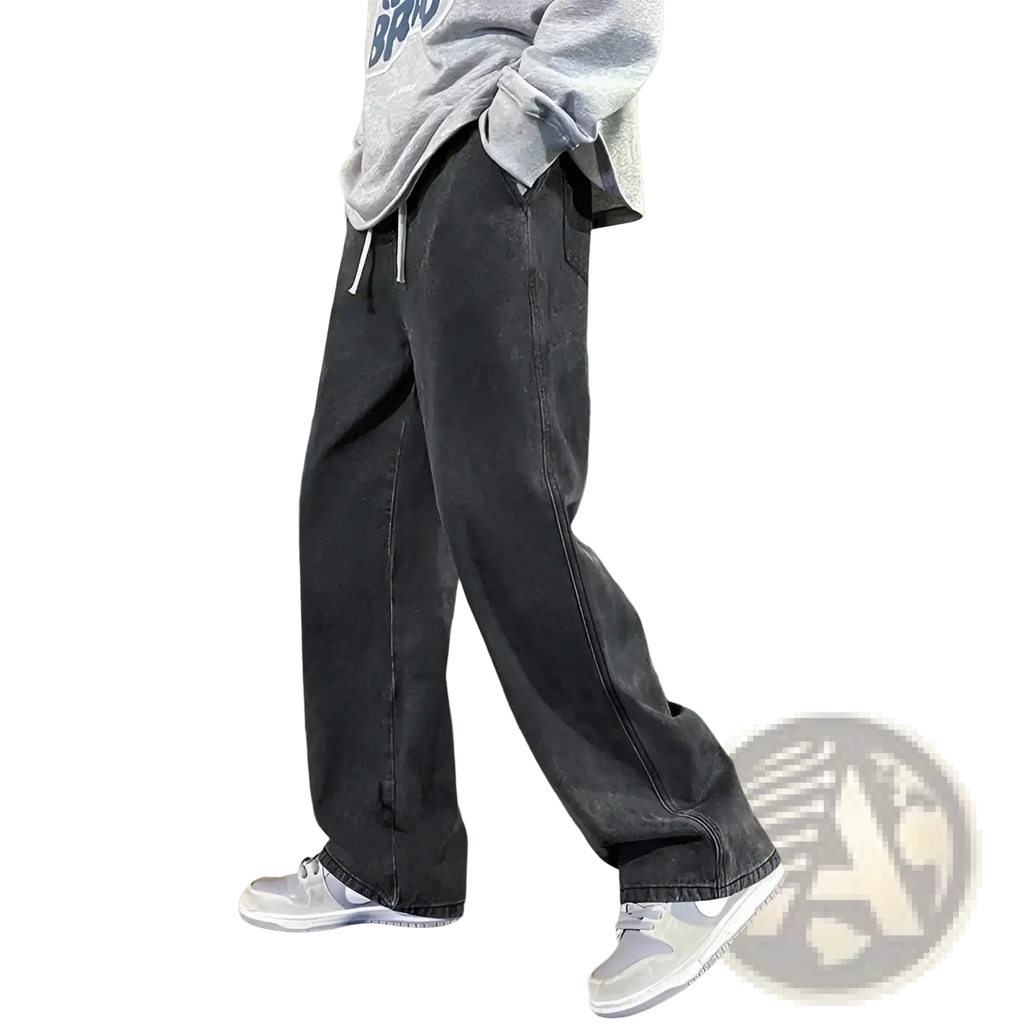 Dark gray wide leg denim pants for men with a relaxed fit and white drawstrings in Korean streetwear style