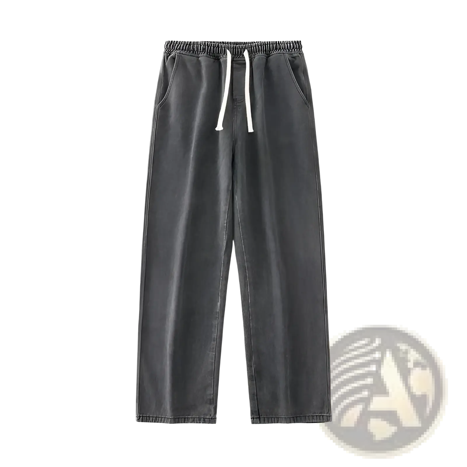 Dark gray relaxed-fit jogger pants with drawstring waist and white cord accents for casual streetwear use