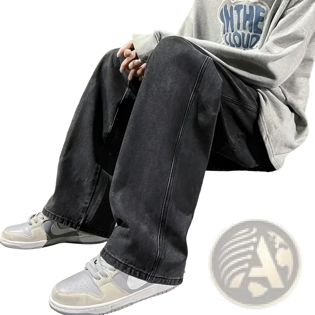 Dark-wash denim wide leg jeans for men with relaxed straight-leg cut and visible stitching details in Korean streetwear style